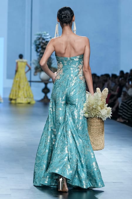 Shop Paulmi And Harsh Blue Jacquard Embroidery Sweetheart Neck Floral Woven Jumpsuit at Aza Fashions Shop_Paulmi And Harsh_Blue Jacquard Embroidery Sweetheart Neck Floral Woven Jumpsuit _at_Aza_Fashions