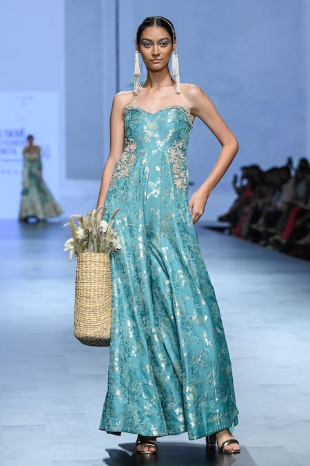 Paulmi And Harsh_Blue Jacquard Embroidery Sweetheart Neck Floral Woven Jumpsuit _Online_at_Aza_Fashions