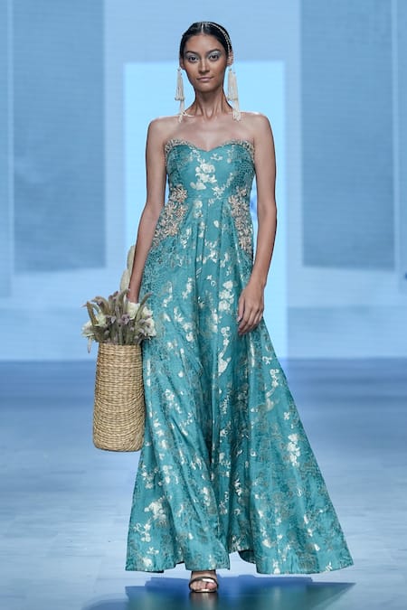 Buy Paulmi And Harsh Blue Jacquard Embroidery Sweetheart Neck Floral Woven Jumpsuit Online at Aza Fashions Buy_Paulmi And Harsh_Blue Jacquard Embroidery Sweetheart Neck Floral Woven Jumpsuit _Online_at_Aza_Fashions