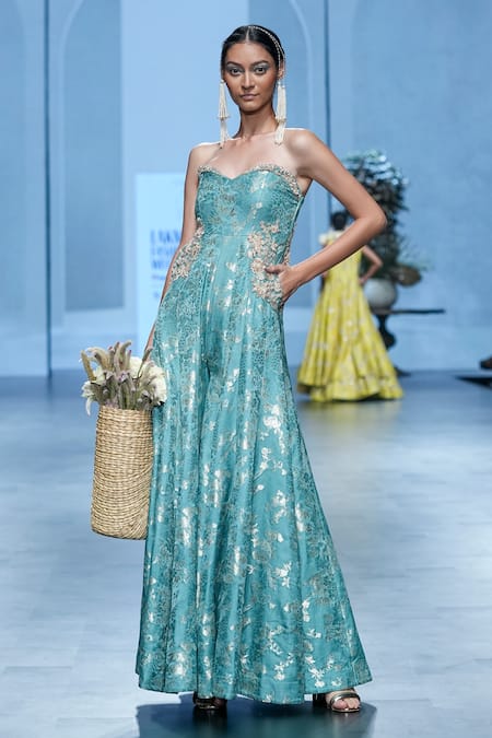 Shop Paulmi And Harsh Blue Jacquard Embroidery Sweetheart Neck Floral Woven Jumpsuit Online at Aza Fashions Shop_Paulmi And Harsh_Blue Jacquard Embroidery Sweetheart Neck Floral Woven Jumpsuit _Online_at_Aza_Fashions