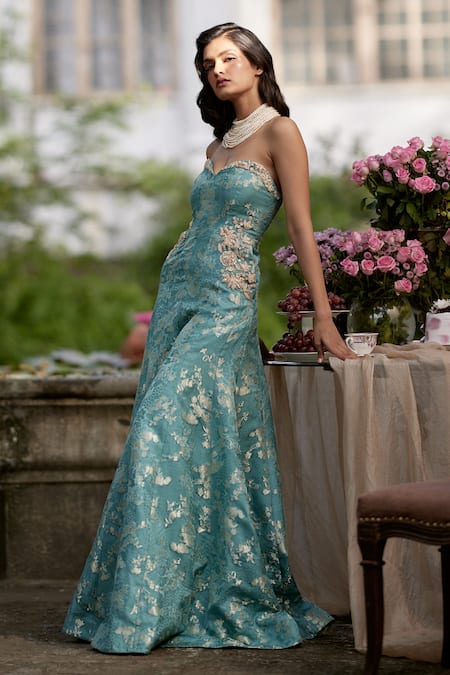 Buy Paulmi And Harsh Blue Jacquard Embroidery Sweetheart Neck Floral Woven Jumpsuit Buy_Paulmi And Harsh_Blue Jacquard Embroidery Sweetheart Neck Floral Woven Jumpsuit