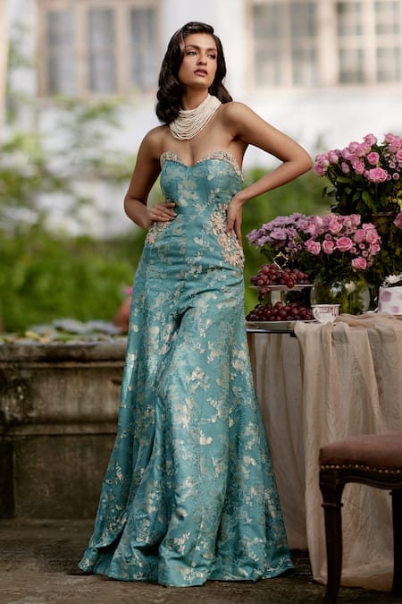 Shop Paulmi And Harsh Blue Jacquard Embroidery Sweetheart Neck Floral Woven Jumpsuit Shop_Paulmi And Harsh_Blue Jacquard Embroidery Sweetheart Neck Floral Woven Jumpsuit