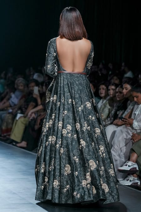 Shop_Paulmi And Harsh_Black Chiffon Embroidery, Zari Round Neck, Deer Print Anarkali With Overlay _at_Aza_Fashions