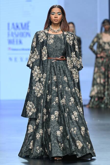 Paulmi And Harsh_Black Chiffon Embroidery, Zari Round Neck, Deer Print Anarkali With Overlay _Online_at_Aza_Fashions