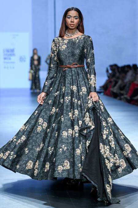 Buy_Paulmi And Harsh_Black Chiffon Embroidery, Zari Round Neck, Deer Print Anarkali With Overlay _Online_at_Aza_Fashions