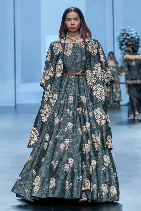 Shop_Paulmi And Harsh_Black Chiffon Embroidery, Zari Round Neck, Deer Print Anarkali With Overlay _Online_at_Aza_Fashions