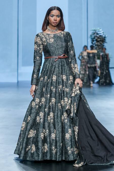 Paulmi And Harsh_Black Chiffon Embroidery, Zari Round Neck, Deer Print Anarkali With Overlay _at_Aza_Fashions