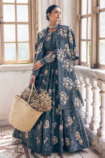 Buy_Paulmi And Harsh_Black Chiffon Embroidery, Zari Round Neck, Deer Print Anarkali With Overlay 