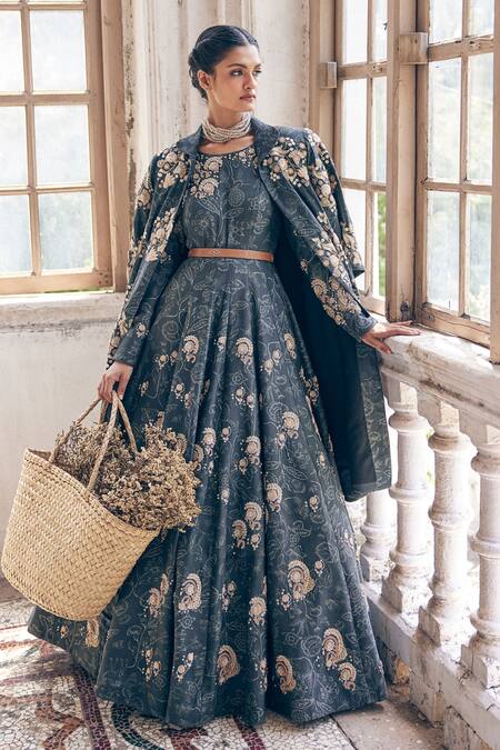 Shop_Paulmi And Harsh_Black Chiffon Embroidery, Zari Round Neck, Deer Print Anarkali With Overlay 
