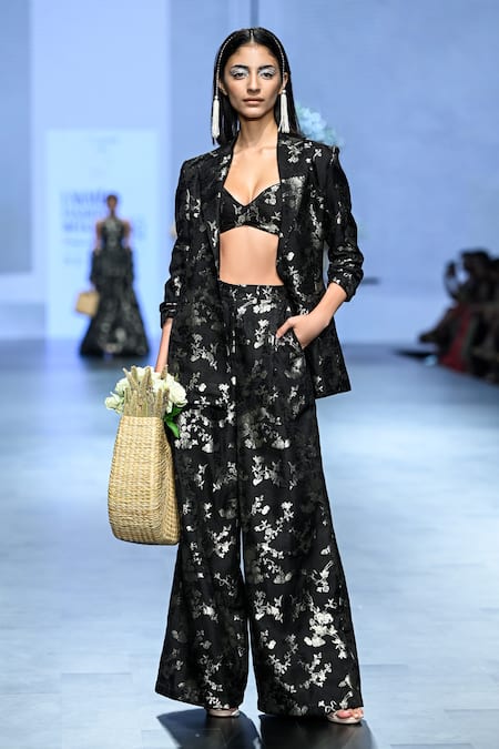 Shop_Paulmi And Harsh_Black Jacquard Embroidery V-neck Floral Jaal Woven Blazer Pant Set _Online_at_Aza_Fashions