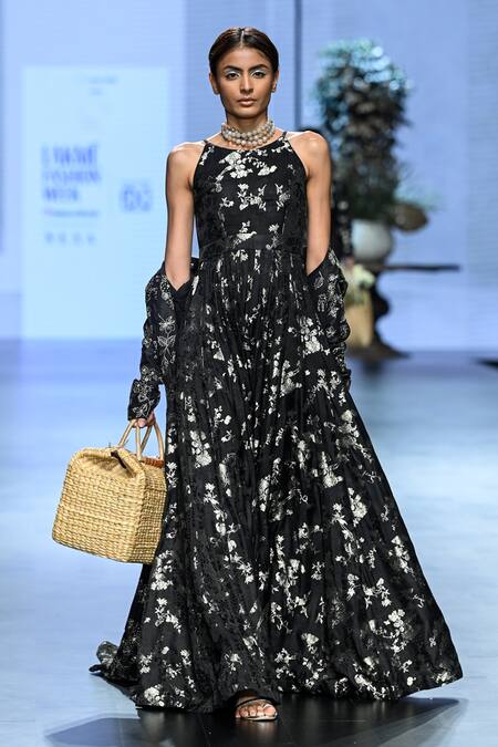 Paulmi And Harsh_Black Jacquard Sequins, Embroidery Round Floral Jaal Woven Jumpsuit With Jacket_Online_at_Aza_Fashions