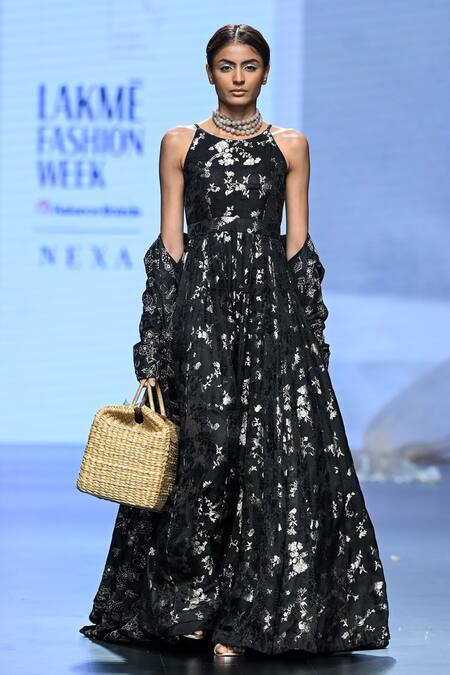 Buy_Paulmi And Harsh_Black Jacquard Sequins, Embroidery Round Floral Jaal Woven Jumpsuit With Jacket_Online_at_Aza_Fashions