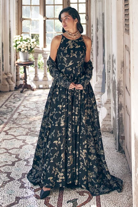 Buy_Paulmi And Harsh_Black Jacquard Sequins, Embroidery Round Floral Jaal Woven Jumpsuit With Jacket