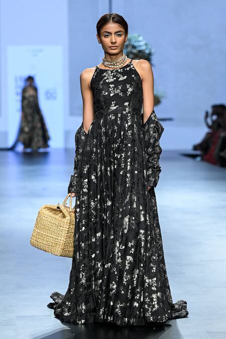 Paulmi And Harsh_Black Jacquard Sequins, Embroidery Collared Flora And Fauna Woven Jacket_Online_at_Aza_Fashions