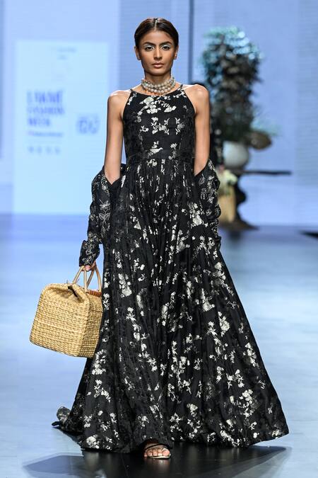 Paulmi And Harsh_Black Jacquard Sequins, Embroidery Collared Flora And Fauna Woven Jacket_at_Aza_Fashions