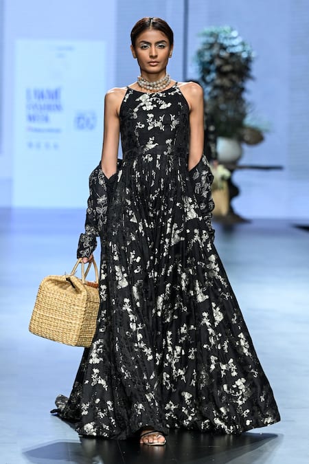 Paulmi And Harsh_Black Jacquard Embroidery Boat Neck Floral Jaal Woven Jumpsuit _Online_at_Aza_Fashions