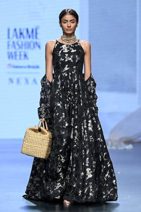 Buy_Paulmi And Harsh_Black Jacquard Embroidery Boat Neck Floral Jaal Woven Jumpsuit _Online_at_Aza_Fashions