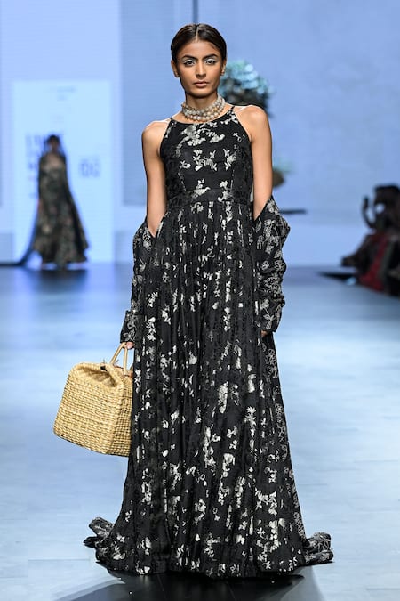 Shop_Paulmi And Harsh_Black Jacquard Embroidery Boat Neck Floral Jaal Woven Jumpsuit _Online_at_Aza_Fashions