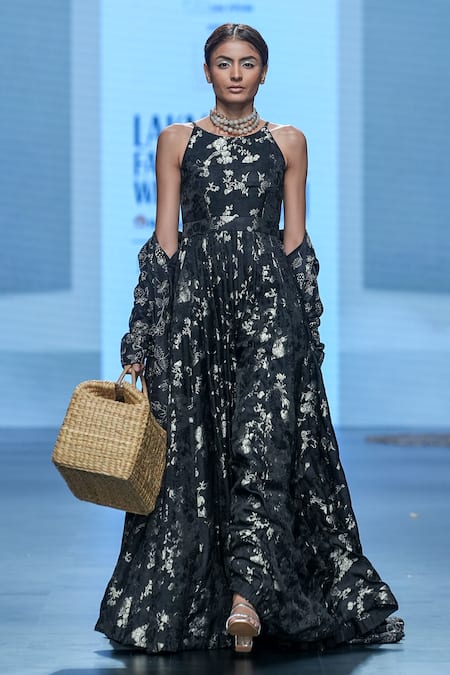 Paulmi And Harsh Black Jacquard Embroidery Boat Neck Floral Jaal Woven Jumpsuit at Aza Fashions Paulmi And Harsh_Black Jacquard Embroidery Boat Neck Floral Jaal Woven Jumpsuit _at_Aza_Fashions