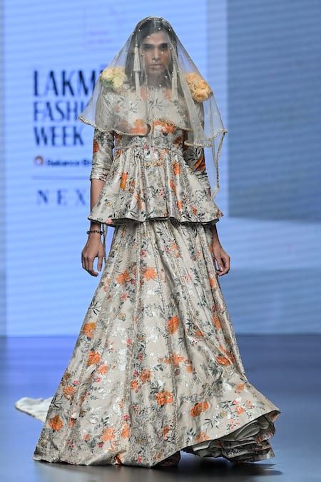 Paulmi And Harsh_Brown Jacquard, Organza Embroidery, Zari Floral Print Peplum Top Lehenga Set _Online_at_Aza_Fashions