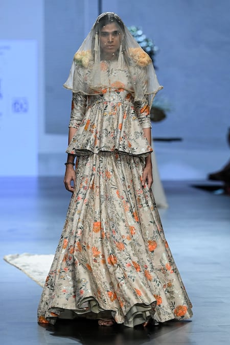 Buy_Paulmi And Harsh_Brown Jacquard, Organza Embroidery, Zari Floral Print Peplum Top Lehenga Set _Online_at_Aza_Fashions