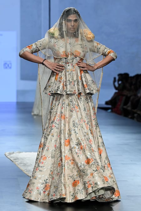 Shop_Paulmi And Harsh_Brown Jacquard, Organza Embroidery, Zari Floral Print Peplum Top Lehenga Set _Online_at_Aza_Fashions