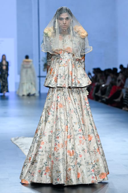 Paulmi And Harsh_Brown Jacquard, Organza Embroidery, Zari Floral Print Peplum Top Lehenga Set _at_Aza_Fashions