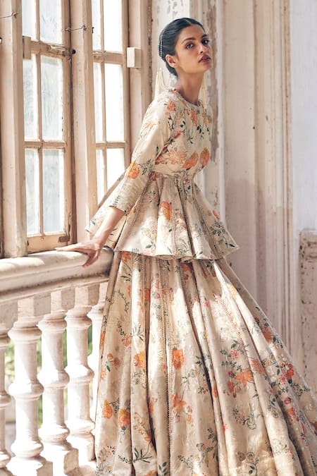 Buy_Paulmi And Harsh_Brown Jacquard, Organza Embroidery, Zari Floral Print Peplum Top Lehenga Set 