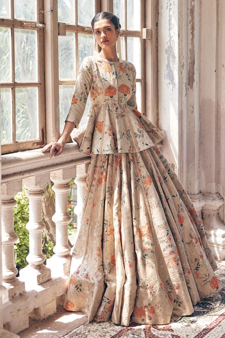 Shop_Paulmi And Harsh_Brown Jacquard, Organza Embroidery, Zari Floral Print Peplum Top Lehenga Set 
