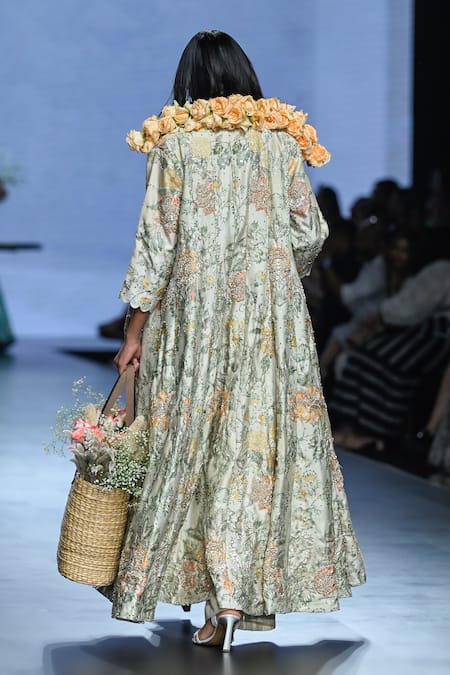 Shop_Paulmi And Harsh_Ivory Chiffon, Silk Beads, Zari, Embroidery Botanical Print Jacket Trouser Set _at_Aza_Fashions