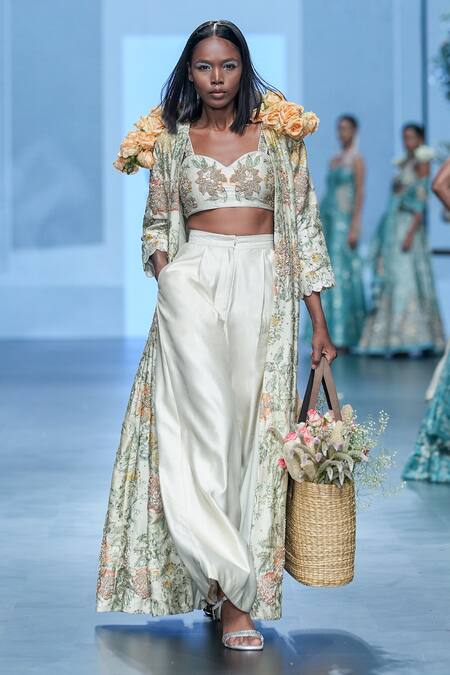 Paulmi And Harsh_Ivory Chiffon, Silk Beads, Zari, Embroidery Botanical Print Jacket Trouser Set _Online_at_Aza_Fashions