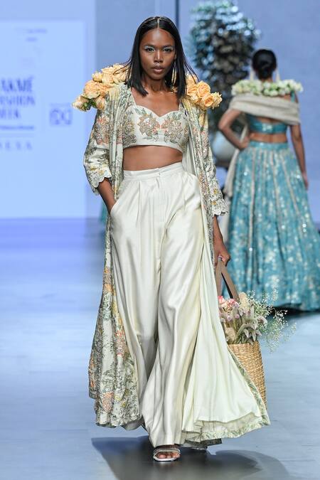 Buy_Paulmi And Harsh_Ivory Chiffon, Silk Beads, Zari, Embroidery Botanical Print Jacket Trouser Set _Online_at_Aza_Fashions