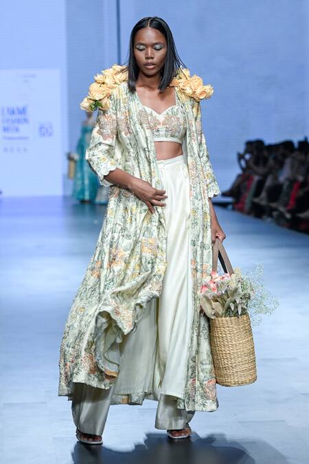 Shop_Paulmi And Harsh_Ivory Chiffon, Silk Beads, Zari, Embroidery Botanical Print Jacket Trouser Set _Online_at_Aza_Fashions