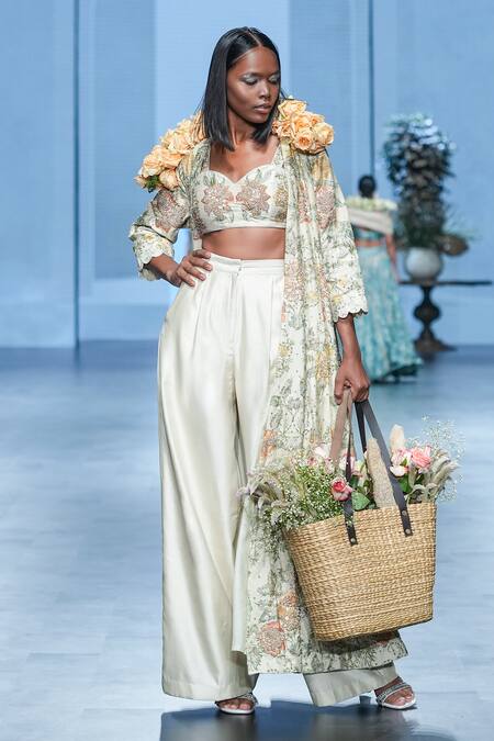 Paulmi And Harsh_Ivory Chiffon, Silk Beads, Zari, Embroidery Botanical Print Jacket Trouser Set _at_Aza_Fashions