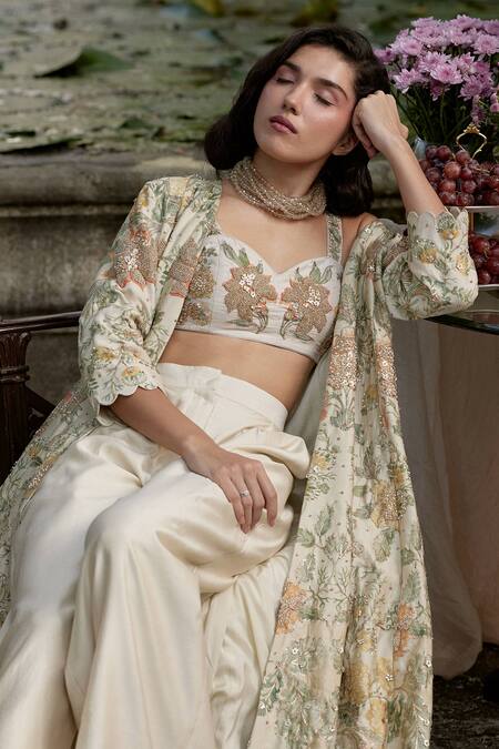 Buy_Paulmi And Harsh_Ivory Chiffon, Silk Beads, Zari, Embroidery Botanical Print Jacket Trouser Set 
