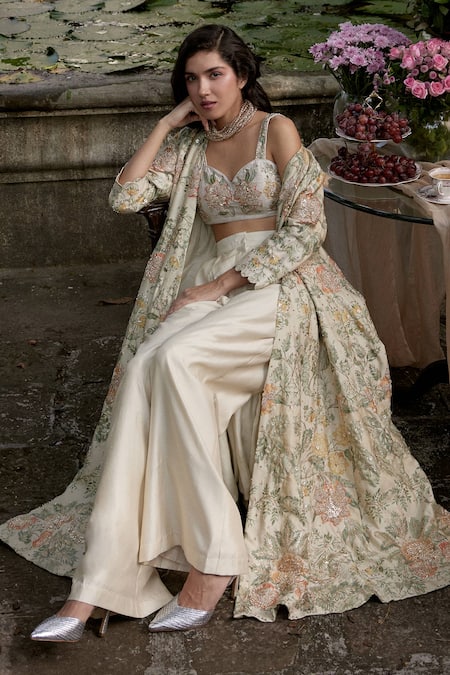 Shop_Paulmi And Harsh_Ivory Chiffon, Silk Beads, Zari, Embroidery Botanical Print Jacket Trouser Set 