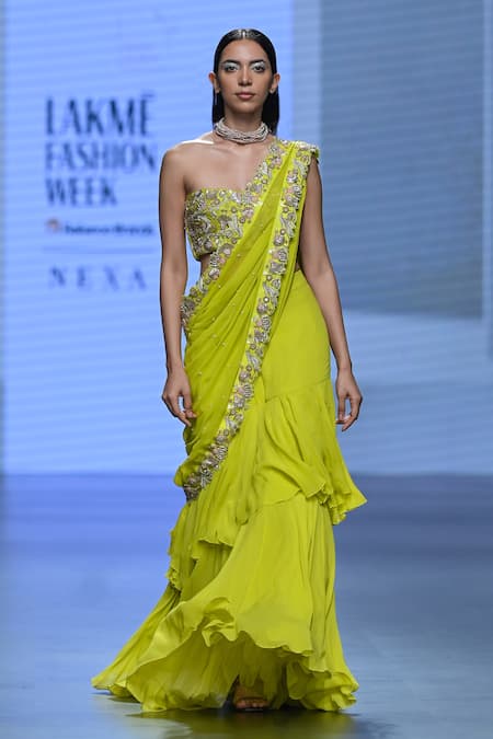 Paulmi And Harsh_Yellow Silk, Georgette Embroidery, Border Pre-draped Saree With Corset Blouse _Online_at_Aza_Fashions