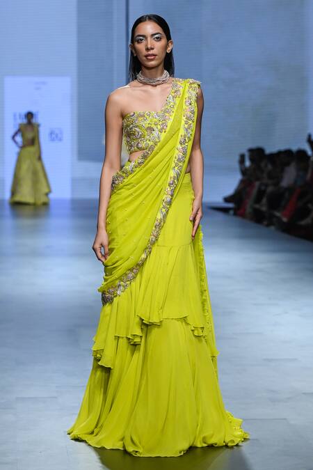 Buy_Paulmi And Harsh_Yellow Silk, Georgette Embroidery, Border Pre-draped Saree With Corset Blouse _Online_at_Aza_Fashions