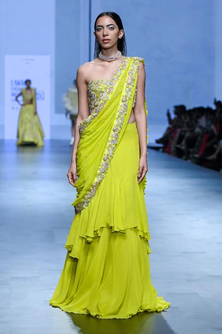 Shop Paulmi And Harsh Yellow Silk, Georgette Embroidery, Border Pre-draped Saree With Corset Blouse Online at Aza Fashions Shop_Paulmi And Harsh_Yellow Silk, Georgette Embroidery, Border Pre-draped Saree With Corset Blouse _Online_at_Aza_Fashions