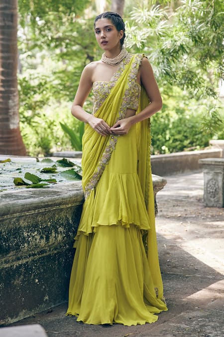 Shop Paulmi And Harsh Yellow Silk, Georgette Embroidery, Border Pre-draped Saree With Corset Blouse Shop_Paulmi And Harsh_Yellow Silk, Georgette Embroidery, Border Pre-draped Saree With Corset Blouse
