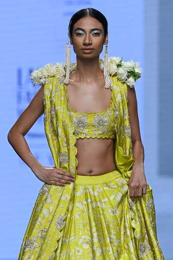 Shop_Paulmi And Harsh_Yellow Chiffon, , Chanderi Vintage Floral Print Jacket Lehenga Set 