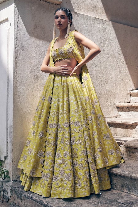 Shop Paulmi And Harsh Yellow Silk Zari, Beads Square Neck Embroidered Blouse And Lehenga Set at Aza Fashions Shop_Paulmi And Harsh_Yellow Silk Zari, Beads Square Neck Embroidered Blouse And Lehenga Set _at_Aza_Fashions