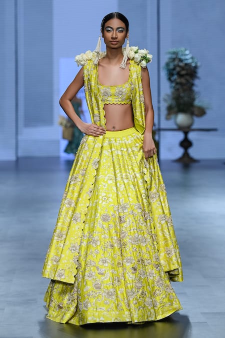 Paulmi And Harsh Yellow Silk Zari, Beads Square Neck Embroidered Blouse And Lehenga Set Online at Aza Fashions Paulmi And Harsh_Yellow Silk Zari, Beads Square Neck Embroidered Blouse And Lehenga Set _Online_at_Aza_Fashions