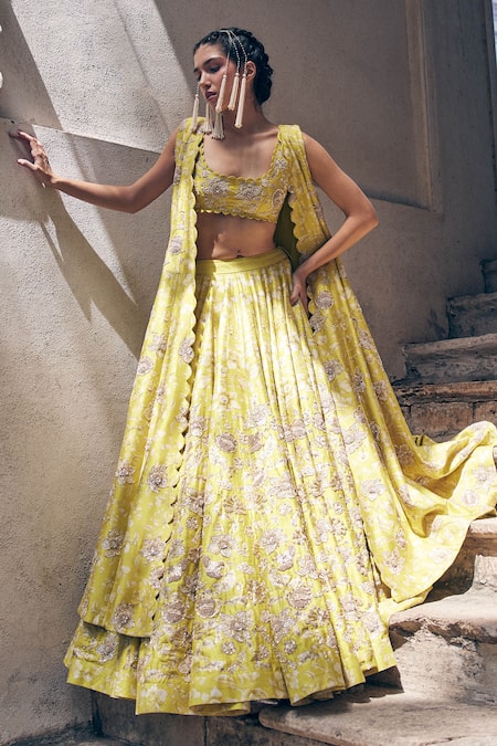 Shop Paulmi And Harsh Yellow Silk Zari, Beads Square Neck Embroidered Blouse And Lehenga Set Online at Aza Fashions Shop_Paulmi And Harsh_Yellow Silk Zari, Beads Square Neck Embroidered Blouse And Lehenga Set _Online_at_Aza_Fashions