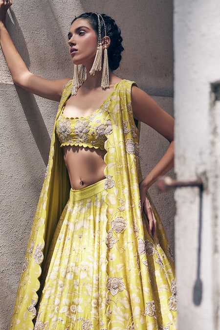 Buy Paulmi And Harsh Yellow Silk Zari, Beads Square Neck Embroidered Blouse And Lehenga Set Buy_Paulmi And Harsh_Yellow Silk Zari, Beads Square Neck Embroidered Blouse And Lehenga Set