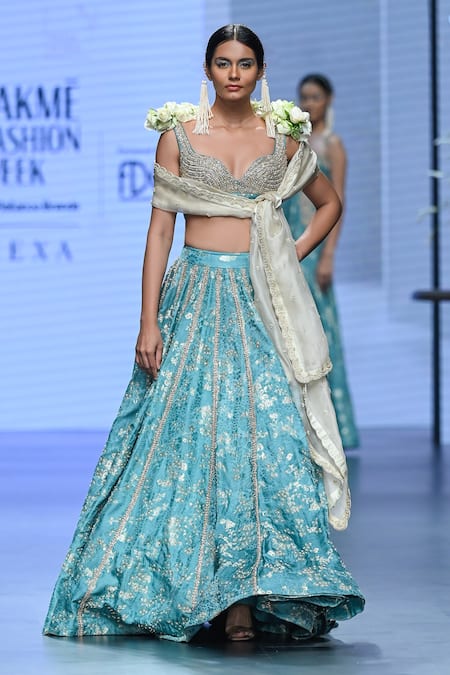 Paulmi And Harsh_Blue Jacquard, Organza Pearls Open Neck Floral Woven Bridal Lehenga Set _Online_at_Aza_Fashions