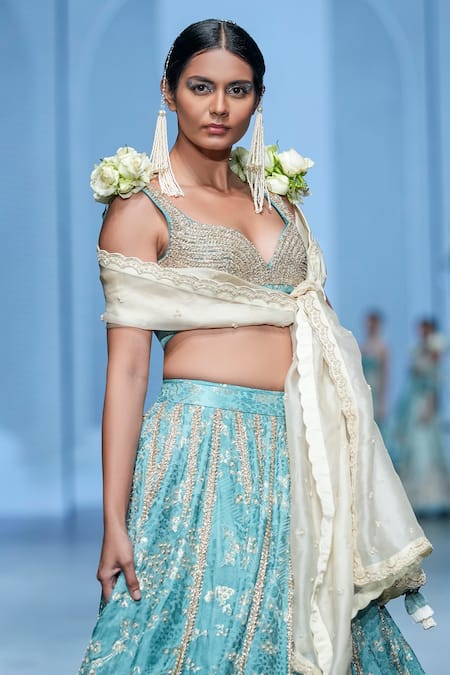 Buy Paulmi And Harsh Blue Jacquard, Organza Pearls Open Neck Floral Woven Bridal Lehenga Set Online at Aza Fashions Buy_Paulmi And Harsh_Blue Jacquard, Organza Pearls Open Neck Floral Woven Bridal Lehenga Set _Online_at_Aza_Fashions