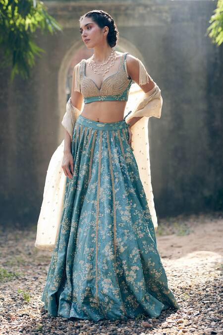 Shop Paulmi And Harsh Blue Jacquard, Organza Pearls Open Neck Floral Woven Bridal Lehenga Set Online at Aza Fashions Shop_Paulmi And Harsh_Blue Jacquard, Organza Pearls Open Neck Floral Woven Bridal Lehenga Set _Online_at_Aza_Fashions