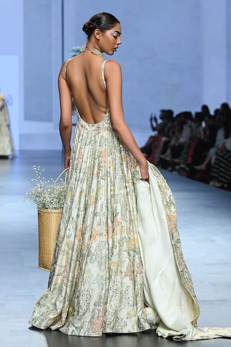 Shop_Paulmi And Harsh_Ivory Chiffon Embroidery, Sequins, Zari Floral Print Corset Anarkali With Jacket _at_Aza_Fashions