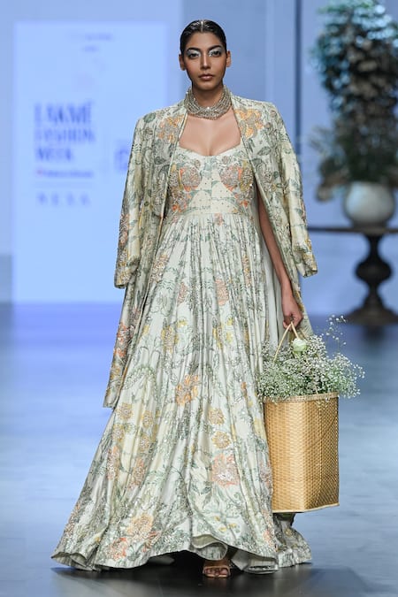 Paulmi And Harsh_Ivory Chiffon Embroidery, Sequins, Zari Floral Print Corset Anarkali With Jacket _Online_at_Aza_Fashions